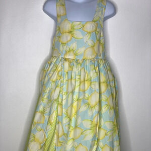 Talbots kids girls Lemon polka dot print petal dress blue green Sz 5